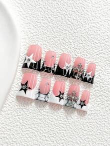 10pcs Minimalist Handmade Nail Art Set, Stamping Nail Stickers, Cross-Shaped Nail Decor, Hand-Painted Pentagram Nail Decorations, Black & White Nail Polish, Stylish Design, Includes Nail Tools (1 Jelly Sticker + 1 Nail File), 3 Sizes Available: Almond, Duck Mouth, Coffin Shape, Suitable For Parties, Daily Wear, Parties, Photography, Spring/Summer Commute Nails Handmade Press On Nails - Multicolor - View 2