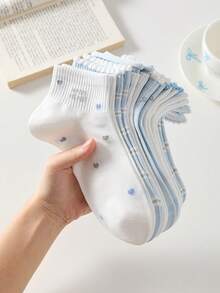 5 Pairs Women Cute Sweet White & Blue Bow, Heart, Cherry Print Short Socks, Student Socks, Comfortable Casual Creative Ruffled Socks, Random Colors, Suitable For Daily Wear All Seasons - Multicolor - View 9