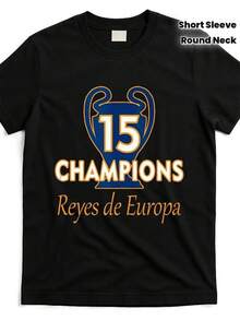 Camiseta negra para hombre con diseño de campeón europeo 15 veces - Camiseta de manga corta con cuello redondo, estilo urbano, estampada con un diseño de trofeo, de Londres a Madrid, tela suave y transpirable, adecuada para aficionados al deporte, al fútbol y entusiastas del estilo urbano, cómoda y ajustada. - Negro - Ver 6