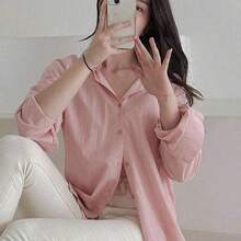 Fashion Women's Clothing  Blusa suelta de unicolor con botones para mujer, de moda para el verano y el otoño, top de manga larga - Rosa - Ver 8