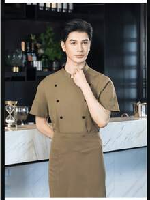 New Fashion Chef Uniform Khaki Short Sleeve High-End Hotel Restaurant Kitchen Bakery Coffee Shop Apparel Washable Non-Fading Non-Pilling Non-Shrinking Non-Deforming 3D Skin-Friendly Breathable Exquisite Custom Buttons Fashionable Elegant - Khaki - View 3