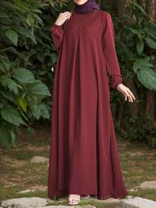 Women's Solid Color Long Sleeve Round Neck Woven Dress With Pockets, Elegant Autumn Gown - Burgundy - View 4