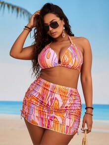 2026 New Pink Orange Gradient Halter Bikini Set With Drawstring Skirt Cover Up, 3 Piece Vacation Swimwear - Nhiều màu - Xem 4