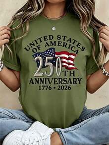 American Independence 250th Anniversary Patriotic Theme Women's T-Shirt - 1776-2026 Independence Day Design, Featuring The American Flag And The Words - 墨綠色 - 查看 12