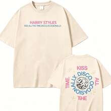 T-Shirt With A Print Of ' New Album, "Kiss All The Time" (2026), High Quality, Harajuku Summer Style, Pure Vintage Style, Unisex, Loose Fit, Cotton, Short Sleeve, Round Neck, Blouses For Women. Casual Blouses For Ladies.  Print.  Print T-Shirt. - 杏色 - 查看 1