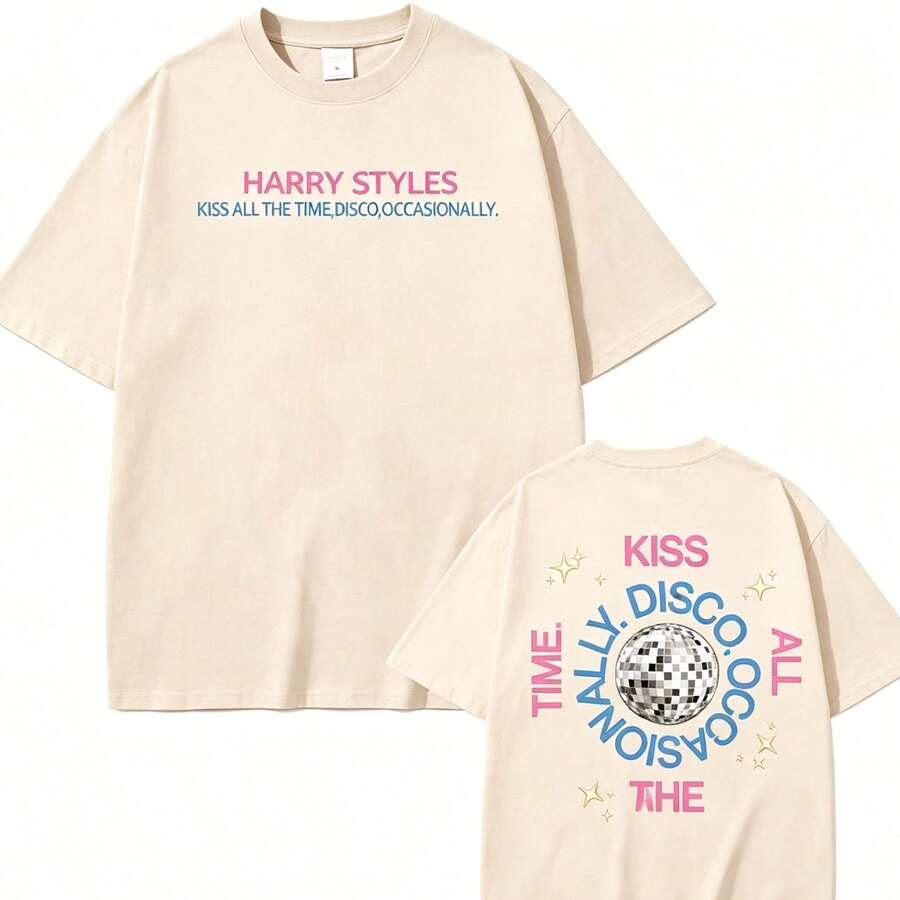 T-Shirt With A Print Of ' New Album, "Kiss All The Time" (2026), High Quality, Harajuku Summer Style, Pure Vintage Style, Unisex, Loose Fit, Cotton, Short Sleeve, Round Neck, Blouses For Women. Casual Blouses For Ladies.  Print.  Print T-Shirt. - 杏色 - 查看 1