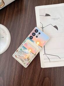 1pc White TPU Phone Case With Sunset Beach Wave Handpainted Pattern, 1pc White Adhesive Card Holder With Sunset Beach Wave Handpainted Pattern, 2-In-1 Set, Healing Fresh Gentle Style, Fashionable Versatile Creative Full-Covered Phone Case, Suitable As Gift For Girlfriend/Boyfriend, Best Friend/Sibling, Wife/Husband, Compatible With Samsung/ Phones, Galaxy S26/S25/S24 Ultra/S24/S23 Ultra/S23 Cases - Multicolor - View 2