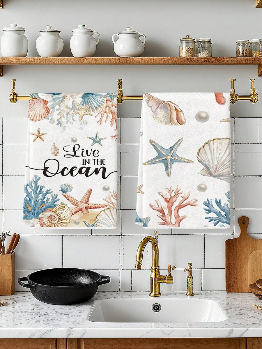 2 buah Handuk Dapur Motif Kerang, Bintang Laut, Karang, dan Mutiara, Tema Laut Cat Air, Handuk Piring untuk Dapur, Handuk Tangan, Handuk Teh, Cocok untuk Dapur Rumah Pertanian, Dalam Ruangan, Mencuci Piring - Blue and White - View 1