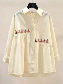 Camisa de mujer de manga larga versátil de unicolor con bordado, para primavera - Albaricoque - Ver 3