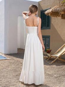 PARTHEA Vestido largo blanco elegante de verano con Body ceñido, escote espalda descubierta, fruncido y volantes - Rojo - Ver 8