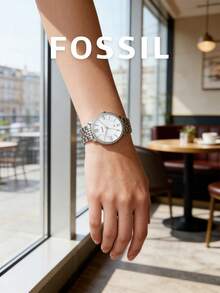 Fossil Women's Polished Silver Round Crystal Halo Watch Multi‑Row Stainless Steel Bracelet White Textured Roman Numeral Dial Date Feature Elegant Minimalist Wristwatch for Daily Office Wear Bridal Occasion City Weekend Outing Ideal Gift for Her on Birthday Valentines Day Bri Shower Holiday - 銀色 - 查看 3
