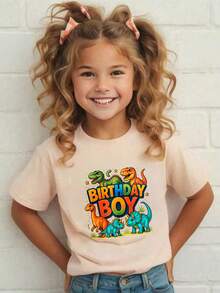 Dinosaur Pattern Birthday Printed T-Shirt For Kids - Apricot - View 2