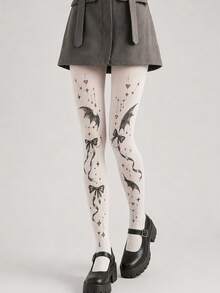 1pc Women's White Velvet Bat Wing Bow Print Tights, Gothic Style Cute Star & Heart Pattern Elastic Pantyhose, Cute Dark Style Stockings, Suitable For Spring/Summer Party & Daily Wear - White - View 2