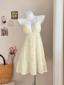 Vestido corto casual de mujer con tirantes de espagueti y espalda descubierta de unicolor, para verano - Albaricoque - Ver 3