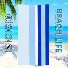 1pc A Rectangular Beach Towel Featuring Horizontal Blue And White Stripes, Designed To Be Soft And Absorbent For Beach Use, Sand-Resistant, Quick-Drying, And Ideal For Relaxing By The Ocean - A - Xem 3
