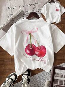 Casual Summer T-Shirt, Short Sleeves And Loose Fit, With A Round Neck And Cherry Print, Ideal For Women. Casual Summer Cotton T-Shirt. - White - View 7