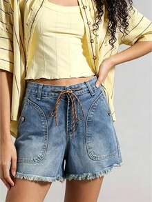 Women's Summer Wide Leg Denim Shorts With Drawstring And Multi-Pockets - Casual Streetwear For Daily - Baby Blue - View 1