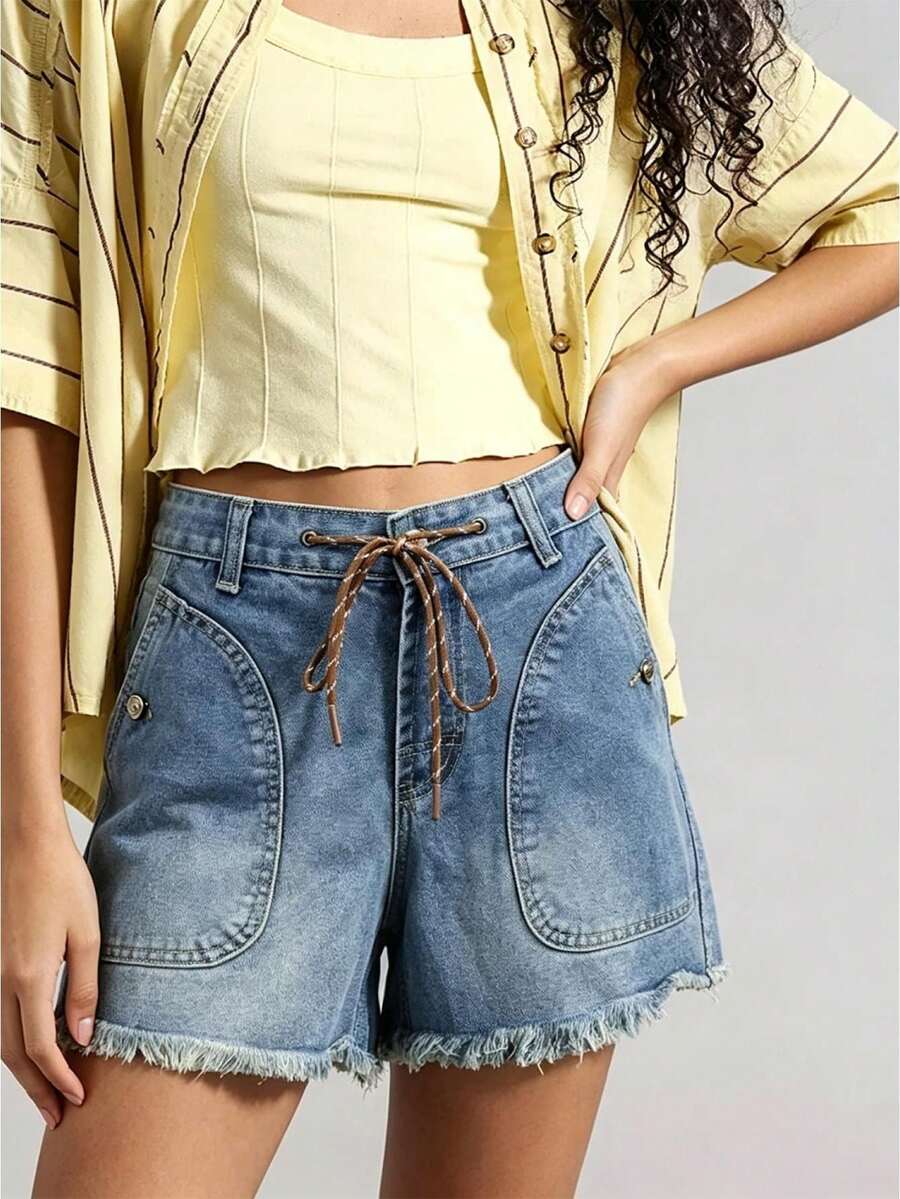Women's Summer Wide Leg Denim Shorts With Drawstring And Multi-Pockets - Casual Streetwear For Daily - Baby Blue - View 1