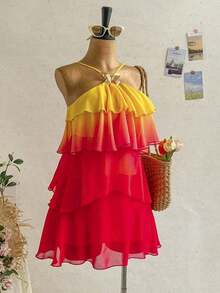 FJDVSoleia Nuevo vestido elegante y romántico para invitados de boda, de unicolor, con espalda descubierta, multicapa con volantes de gasa, minivestido, adecuado para estilo bohemio, boho, flores románticas, vacaciones, fiestas florales, citas, San Valentín, Pascua, carnaval, té de la tarde, playa, crucero, vacaciones en la ciudadFBSB 1SYR - Naranja Quemada - Ver 10