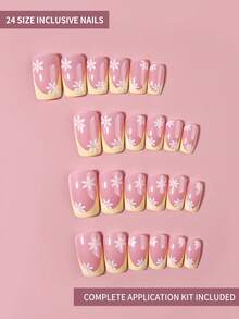 24pcs Short Square Nail Tips, Yellow Flower Pattern Design, Acrylic Press-On Nails Set Includes 1pc Gel Polish And 1pc Nail File - Multicolor - View 2