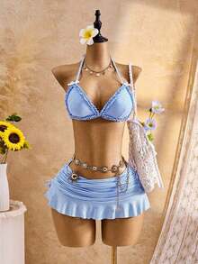 Bellisia Women's 3 PiecesCute V-Neck Halter Tie Ruffle Trim Bikini Top, Triangle Bottoms & Skirt Swimwear Set, Summer - 藍白色 - 查看 3