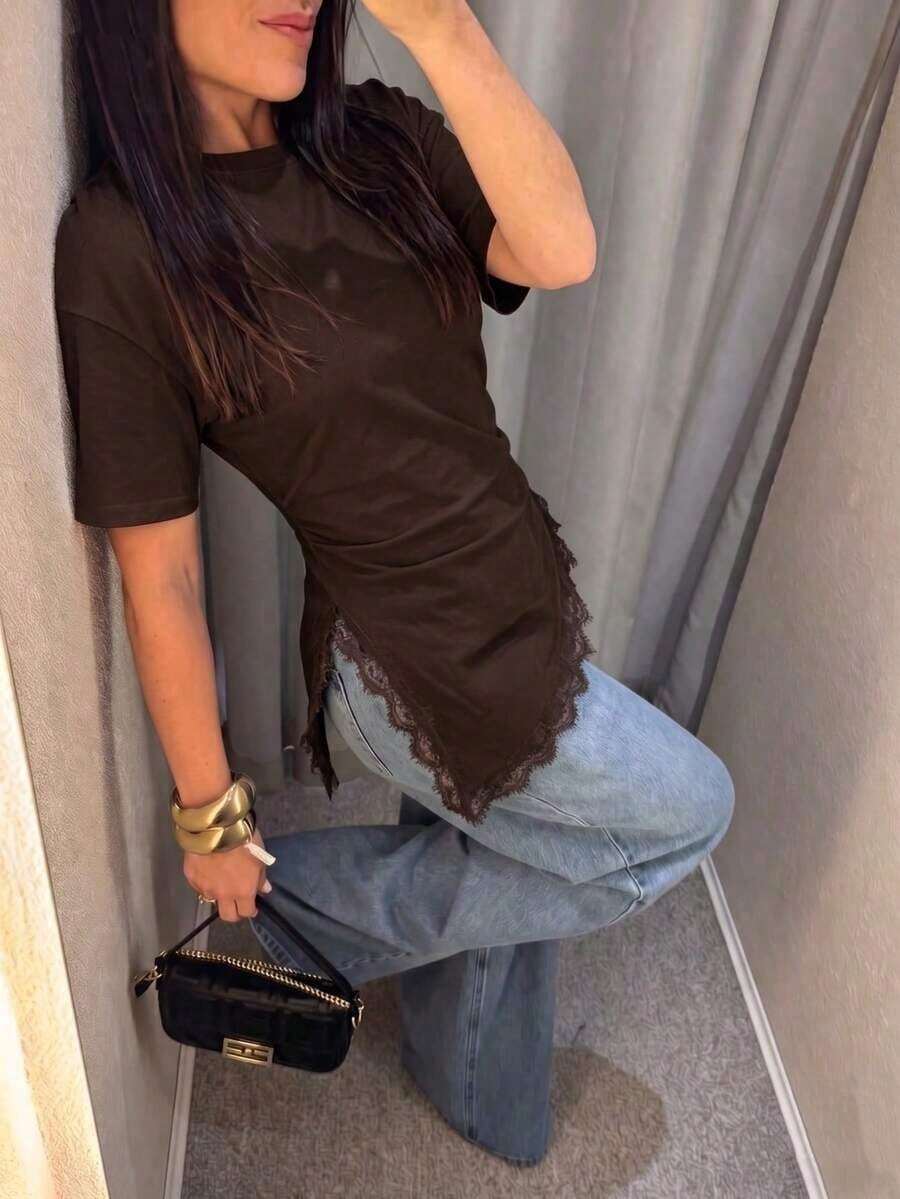Camiseta de mujer de punto de unicolor con encaje en contraste, asimétrica/asimétrica, adecuada para el hogar, uso diario, vuelta al colegio, fiesta, casual de primavera/verano en color negro - Marrón - Ver 1