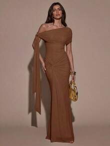Vestido elegante de mujer con diseño de torsión asimétrica de unicolor y dobladillo de cola de pez ajustado - Marrón - Ver 6