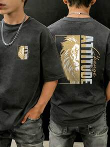Boys "Attitude Changer" Lion Graphic Loose T-Shirt, Children Cool Street Style Summer Top - Dark Grey - View 1