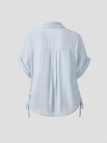 Summer New Design Cinched Waist Turndown Collar Blouse - Light Blue - View 3