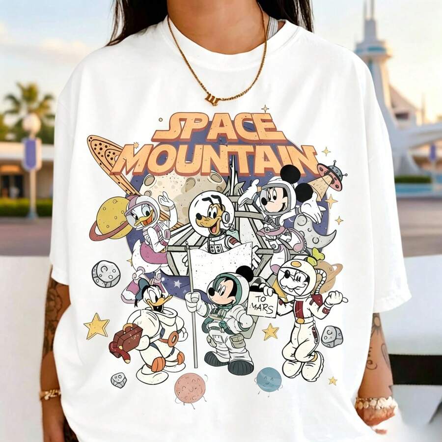 Disney Women's And Men's T-Shirts Retro Astronaut Characters "To Mars" Space Mountain Printed Oversized T-Shirts, 100% Cotton Retro Short-Sleeved Casual Shirts, And Graphic Printing T-Shirts For Park Adventure Themed Matching Outfits - White - View 1
