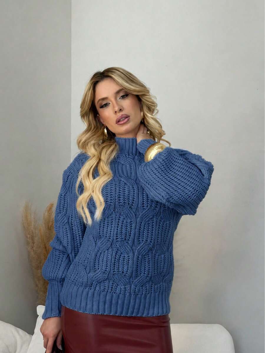 Women's Winter Woolen Turtleneck Sweater With Braided Knit Detail - 阿祖爾牛仔褲 - 查看 1