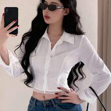 Fashion Women's Clothing  Cárdigan de corte ajustado con estilo universitario y costuras de espina de pescado, blusa elegante de manga larga con parches de encaje hueco para uso en la oficina, primavera/otoño Y2k - Blanco - Ver 4