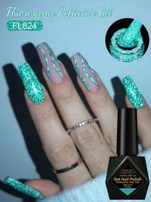 FOUR LILY 1 Bottle Mint Blue Fluorescent Reflective Glitter Gel Nail Polish, 10ml Fluorescent Color Shiny Glitter Dark Laser Gel Nail Polish, Suitable For Summer Nails, Semi-Permanent Soak-Off UV Gel Nail Polish, Nail Art DIY Home And Hair Salon - 薄荷藍 - 查看 1