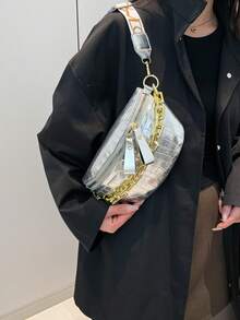 中號鱷魚壓紋斜挎胸包錢包，時尚鏈條裝飾拉鍊腰包，附可調節肩帶，時尚人造PU皮革腰包，適合旅行與運動，復古經典通勤女款單肩包 - 銀色 - 查看 3