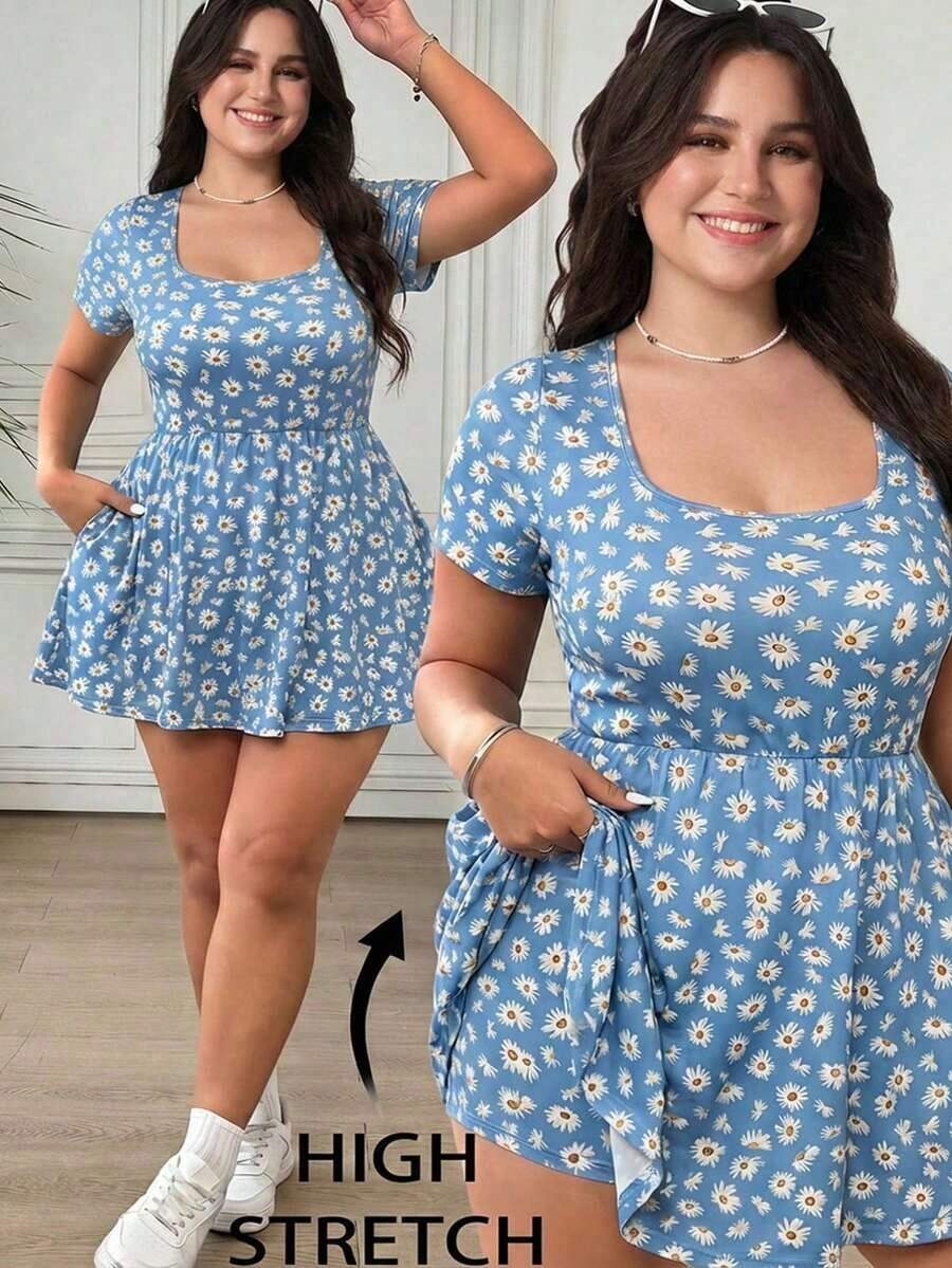 Mono de manga corta con estampado de lunares minimalista y retro para mujer talla, adecuado para el verano - Multicolor 5 - Ver 1