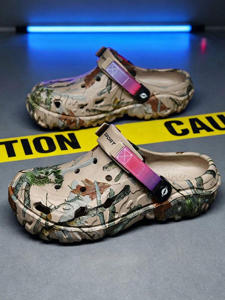 Chaussures perforées de haute qualité respirantes pour l'extérieur, sandales pour hommes antidérapantes pour l'extérieur, chaussures de plage légères et respirantes, chaussures de jardin souples et confortables, chaussures décontractées pour hommes à semelle épaisse et résistante à l'usure, grandes tailles 40-49 (semelles peintes à la main, motifs asymétriques) - Kaki - Voir 1