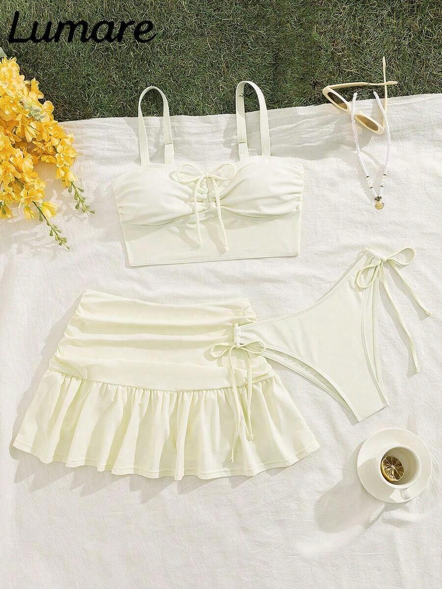 Conjunto de 3 piezas de top camiseta deportiva casual y de unicolor con shorts de natación con cordón, falda plisada con volantes, tela de estiramiento medio, traje de baño bikini para vacaciones, playa, piscina, en la playa, verano - Beis - Ver 1
