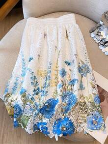 High-Waisted Elastic Skirt With Embroidered Lace And Water-Soluble Print - 藍色 - 查看 3