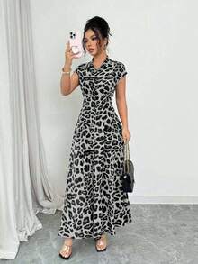 Vestido abotonado de manga corta con cuello, cintura ceñida y estampado de leopardo elegante para mujer - Gris - Ver 3