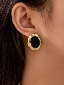 1 Pair European And American Fashion Elegant New Classic Black Oval Inlaid Asymmetrical Shape Earrings, Versatile And - Multicolor - View 2
