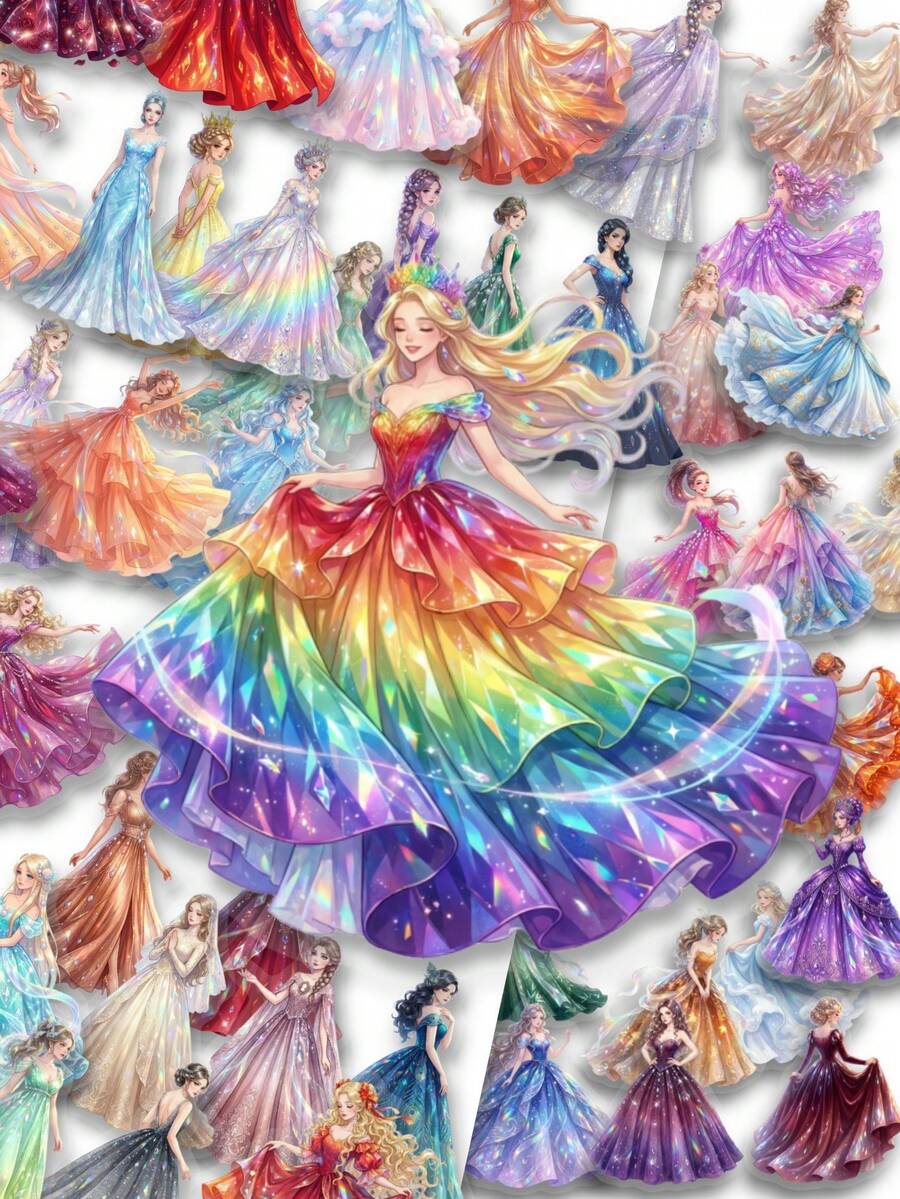 50张闪亮舞会礼服PET贴纸,彩虹闪光公主裙和飘逸裙摆透明贴纸,非常适合用于日记、剪贴簿、笔记本电脑装饰、水瓶、文具艺术、DIY工艺品、美观的礼物和纪念品。 - 7*6*1 - 查看 1