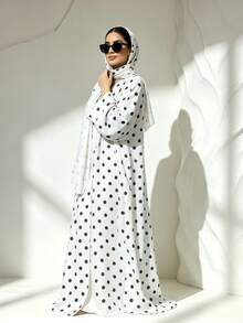Bộ 1 món gồm khăn trùm đầu và áo choàng Abaya in họa tiết chấm bi, thiết kế cổ điển đa năng, phù hợp cho phụ nữ Hồi giáo mặc hàng ngày và cầu nguyện, thích hợp cho mọi mùa. - Nhiều màu - Xem 2
