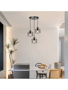 Three-Light Pendant Lamp, Rustic Style, Perfect For Kitchen Islands And Dining Rooms; Retro Industrial Style Ceiling Light, Adjustable Height, Matte Black, Bulb Not Included - Black - View 6