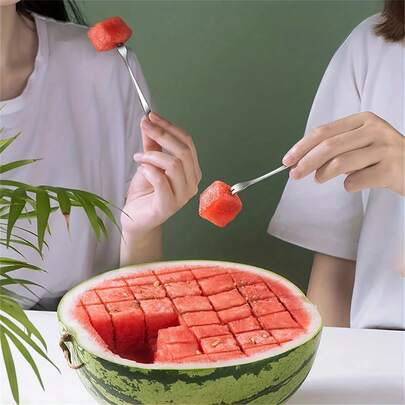 1pc Stainless Steel Watermelon Cube Cutter, 2-In-1 Melon Slicer & Fork, Quick Fruit Cutting Tool For Summer Kitchen