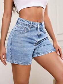 PETITE Pantalones cortos vaqueros de mujer con botones frontales, estilo sencillo y varios bolsillos, para un uso casual diario - Azul lavado medio - Ver 11