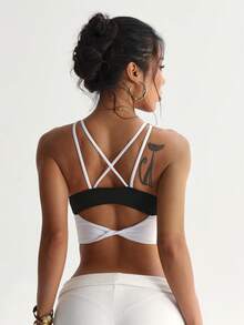 Women's Fashionable Solid Color Removable Padded Criss-Cross Back Round Neck Sports Bra Fall - Black and White - View 3