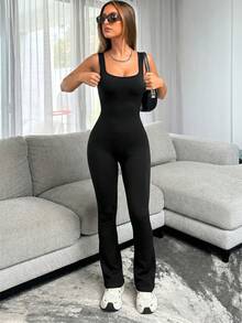 Women's Ribbed Square Neck Backless Ruched Butt-Lifting Flare Leg Jumpsuit - Stretchy Slim Fit Summer Outing Set Black - Black - View 5