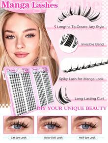 Eimny 320Pcs Manga Style Lash Clusters Kit, D-Curl Natural Look Eyelash Extension Kit, 0.05Mm Ultra-Thin Invisible Band, Fine Individual Lashes, Spiky Fairy Cluster Lashes,DIY Eyelash Extensions For Home Use - Multicolor - View 8