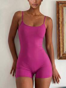 Women's Solid Color Backless Stretch Romper For Summer Elegant - Purple - View 3