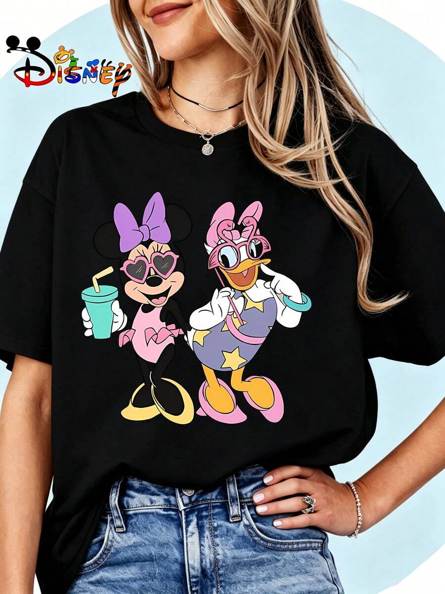 Breathable Cotton Minnie & Daisy Fan Tee | Minnie Mouse And Daisy Duck Summer Best Friends Print | Cute Disney Pullover Shirt - màu đen - Xem 1